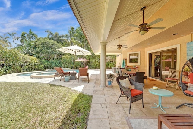 9682 Ridgecrest Ct, Davie, FL 33328 - view of patio / terrace with ceiling fan, outdoor dining area, and a pool with connected hot tub