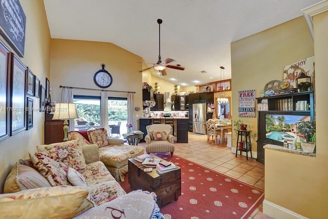 9682 Ridgecrest Ct, Davie, FL 33328 - living area featuring a ceiling fan, light tile patterned floors, and high vaulted ceiling