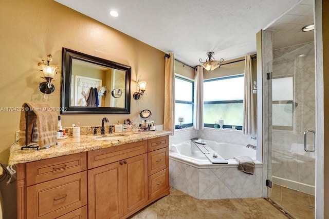 9682 Ridgecrest Ct, Davie, FL 33328 - full bathroom with a bath, a stall shower, vanity, and tile patterned floors