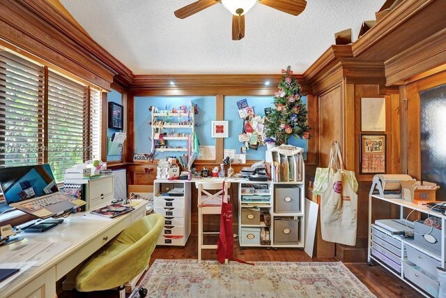 9682 Ridgecrest Ct, Davie, FL 33328 - home office with a ceiling fan, ornamental molding, a textured ceiling, wood finished floors, and wooden walls