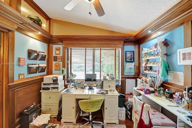 9682 Ridgecrest Ct, Davie, FL 33328 - office with lofted ceiling, ceiling fan, a textured ceiling, and ornamental molding