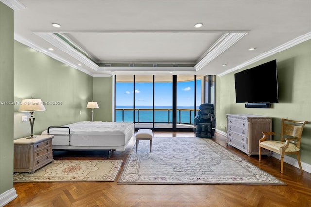 9999 Collins Ave Unit Ph3D, Bal Harbour, FL 33154 - bedroom with a wall of windows, ornamental molding, and a tray ceiling