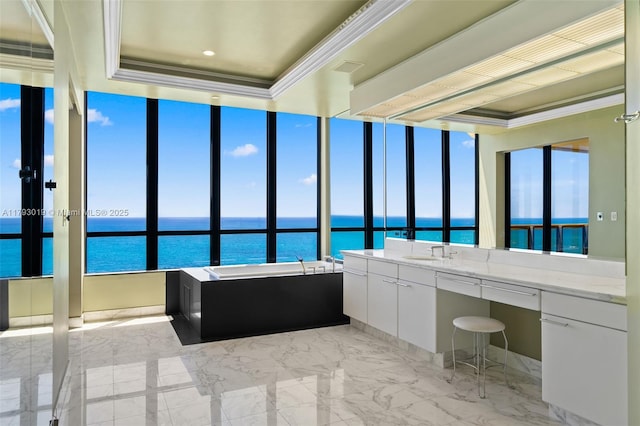9999 Collins Ave Unit Ph3D, Bal Harbour, FL 33154 - full bath featuring a bath, crown molding, vanity, marble finish floor, and a water view