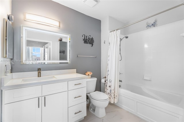 bathroom featuring toilet, marble finish floor, visible vents, vanity, and shower / bath combo