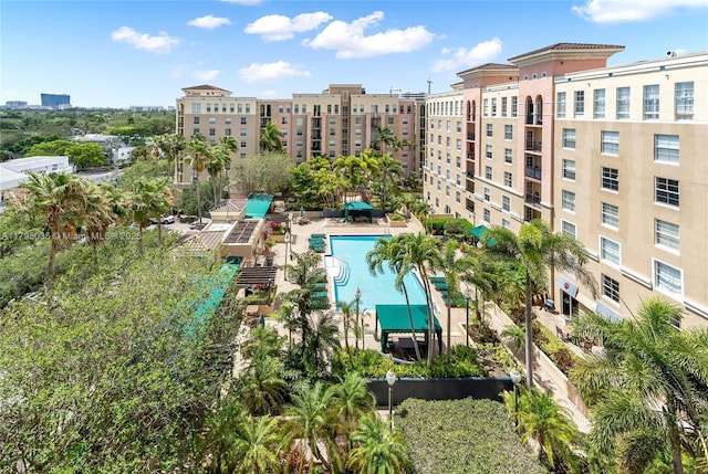 aerial view of a pool area