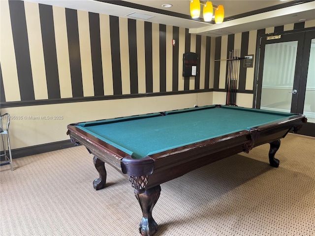 rec room featuring billiards, carpet floors, baseboards, and wallpapered walls