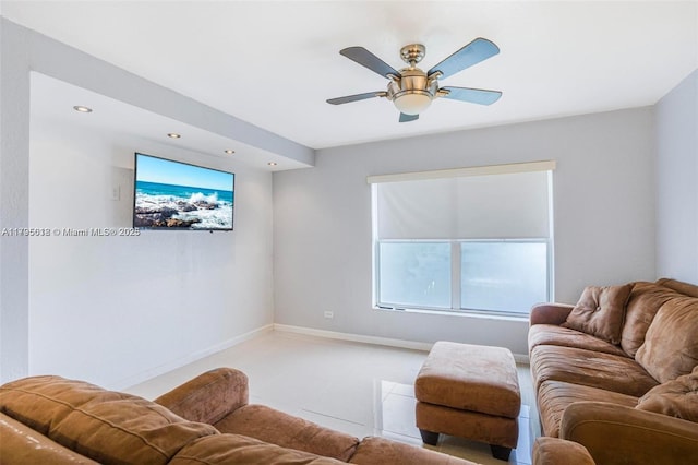 living area with a ceiling fan, baseboards, recessed lighting, and light tile patterned floors