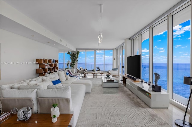 living area with a wall of windows and light wood finished floors