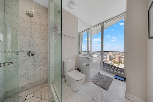 bathroom featuring toilet, visible vents, a shower stall, and marble finish floor