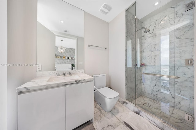 bathroom featuring vanity, toilet, a marble finish shower, marble finish floor, and visible vents