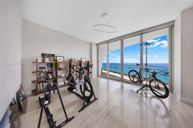 workout area with a water view, baseboards, a wall of windows, and light wood-type flooring
