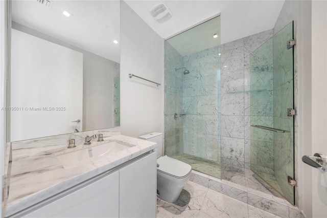 full bathroom with visible vents, a shower stall, vanity, toilet, and marble finish floor