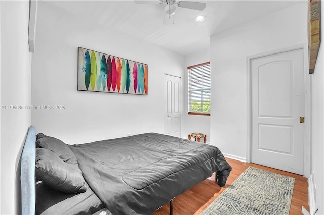 2307 Washington St Unit 5, Hollywood, FL 33020 - bedroom featuring wood finished floors, recessed lighting, a ceiling fan, and a closet