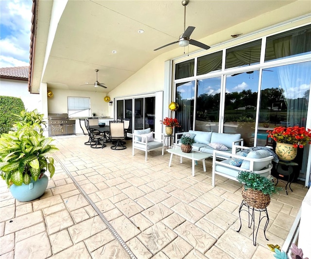 12022 Classic Dr, Coral Springs, FL 33071 - view of patio featuring ceiling fan, an outdoor hangout area, outdoor dining area, and an outdoor kitchen