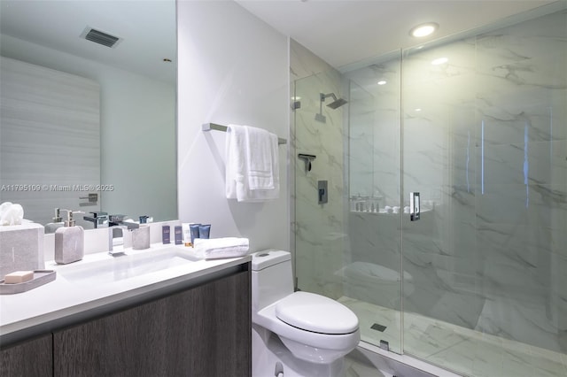 bathroom featuring visible vents, vanity, toilet, recessed lighting, and a marble finish shower