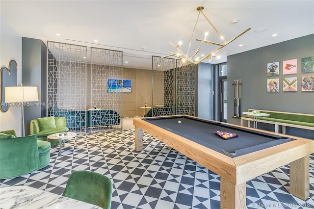 rec room featuring recessed lighting, billiards, and tile patterned floors