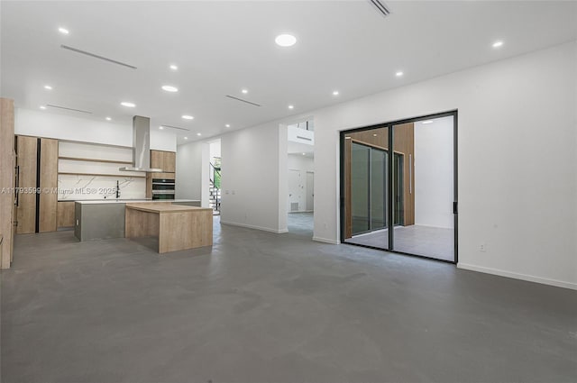 2730 SW 17th Ave, Miami, FL 33133 - kitchen featuring open shelves, concrete flooring, modern cabinets, a center island, and island exhaust hood