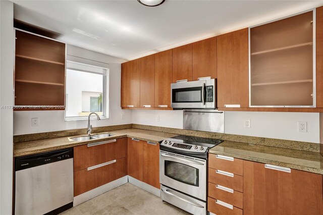 171 N Shore Dr Unit 171-1, Miami Beach, FL 33141 - kitchen with stainless steel appliances, a sink, brown cabinets, open shelves, and modern cabinets