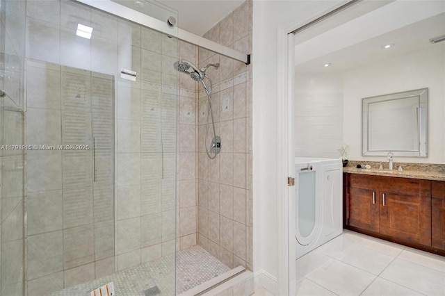 9751 Malvern Dr, Tamarac, FL 33321 - bathroom featuring vanity, recessed lighting, tile patterned floors, and a stall shower