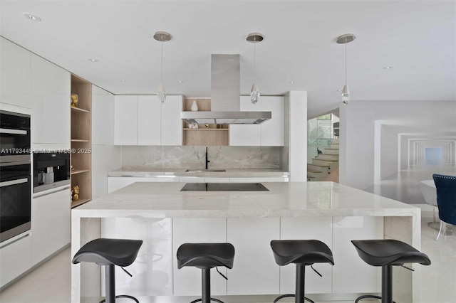 kitchen with modern cabinets, open shelves, black electric stovetop, and island exhaust hood