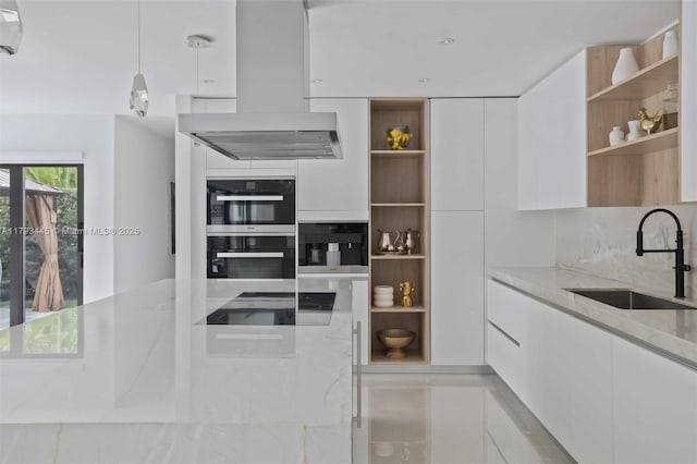 kitchen featuring open shelves, modern cabinets, and island range hood