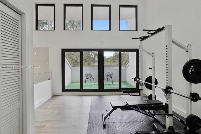 workout room featuring baseboards, wood finished floors, and a towering ceiling