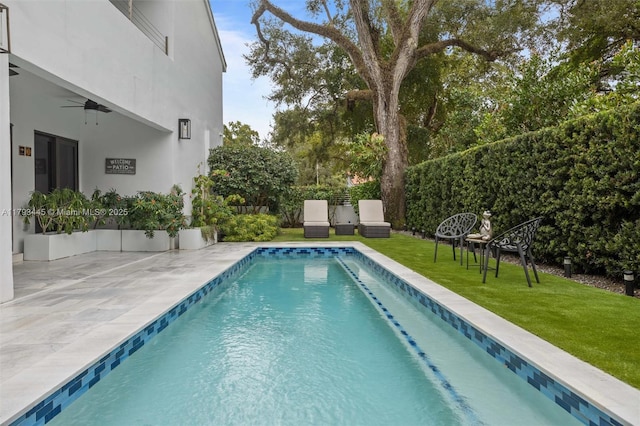 view of swimming pool with a fenced in pool, a patio, ceiling fan, and a yard