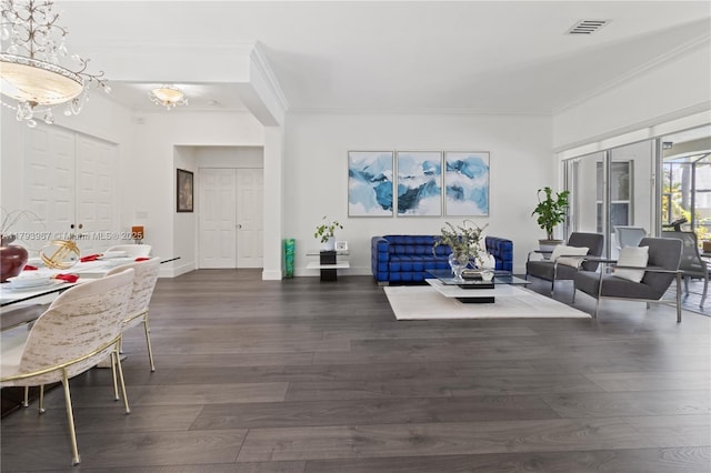 interior space featuring crown molding, dark wood-style flooring, baseboards, and visible vents