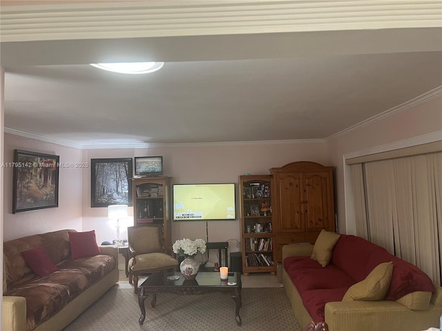 living area with carpet floors and ornamental molding