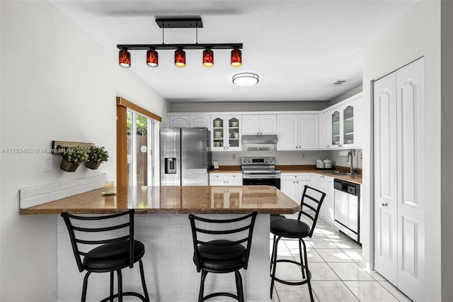 16080 SW 138th Pl, Miami, FL 33177 - kitchen with appliances with stainless steel finishes, a peninsula, under cabinet range hood, glass insert cabinets, and a kitchen breakfast bar