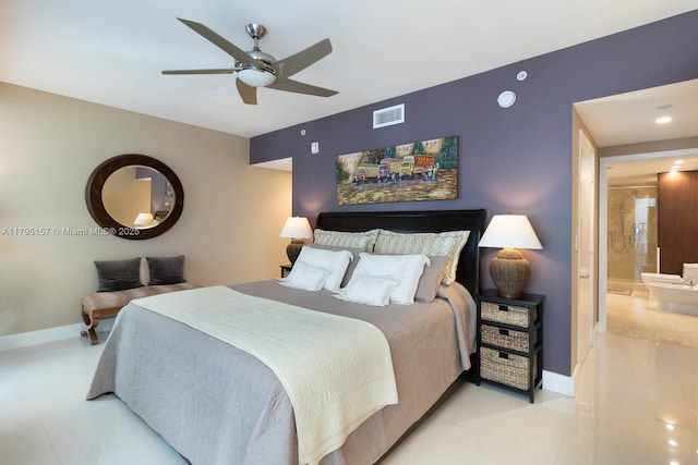 bedroom featuring visible vents, baseboards, ceiling fan, recessed lighting, and connected bathroom