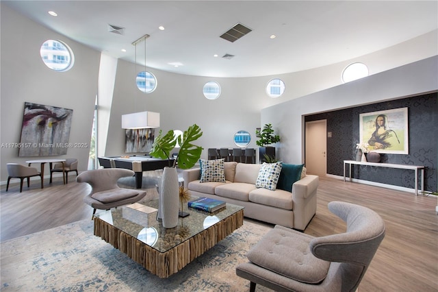 living room with baseboards, billiards, light wood-style flooring, and recessed lighting