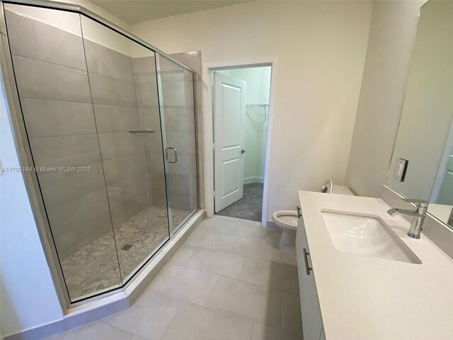 10250 NW 66th St Unit 103, Doral, FL 33178 - full bathroom with a walk in closet, tile patterned flooring, a shower stall, vanity, and toilet