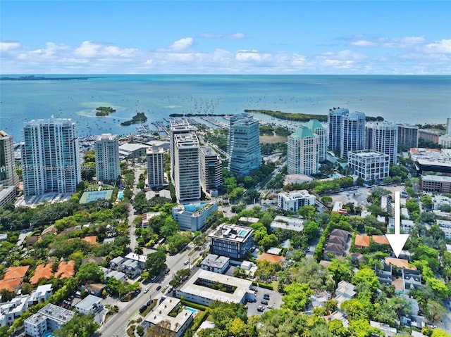 bird's eye view featuring a city view and a water view
