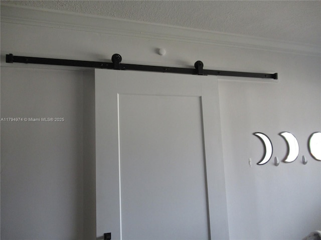 interior details featuring crown molding and a barn door
