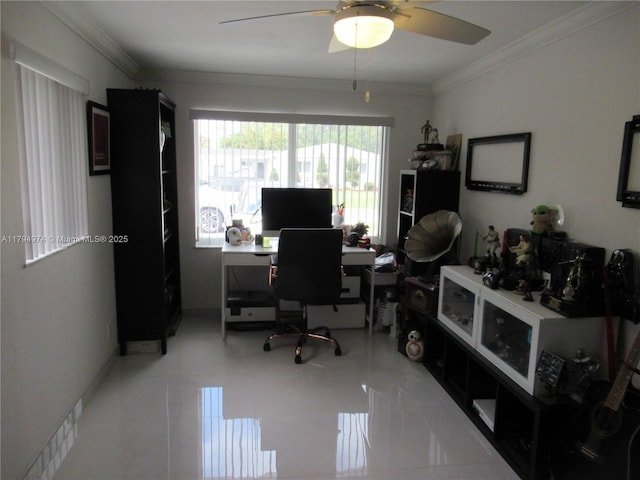 office space with a ceiling fan and ornamental molding