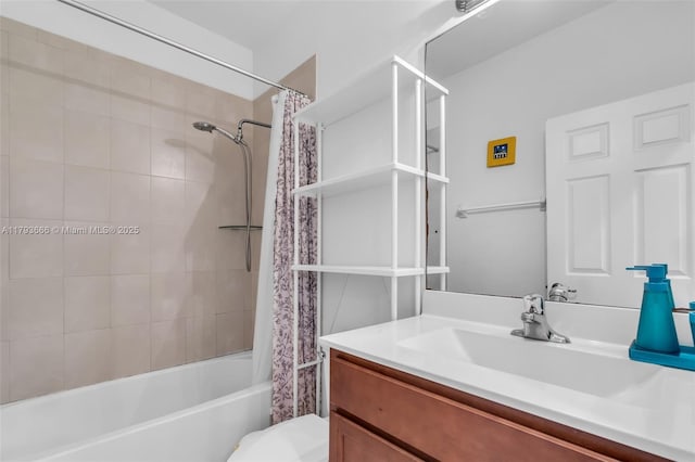 full bathroom featuring vanity, toilet, and shower / bath combo with shower curtain