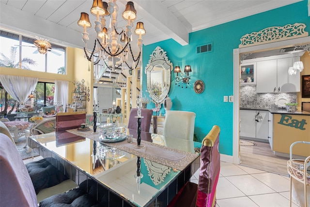 dining room featuring beamed ceiling, a notable chandelier, visible vents, and light tile patterned floors