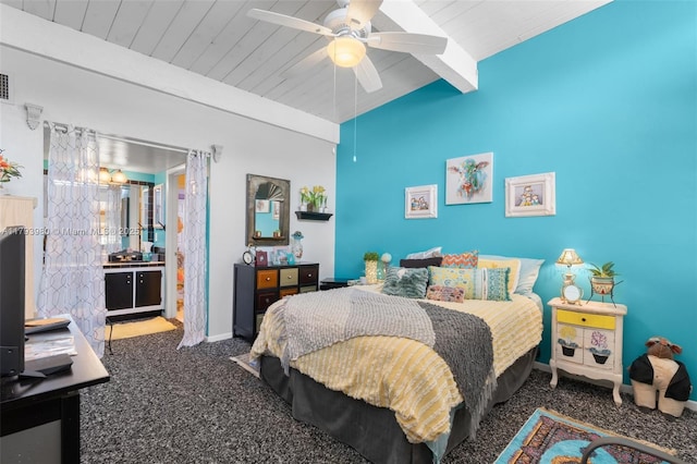 bedroom featuring a ceiling fan, visible vents, carpet floors, baseboards, and lofted ceiling with beams