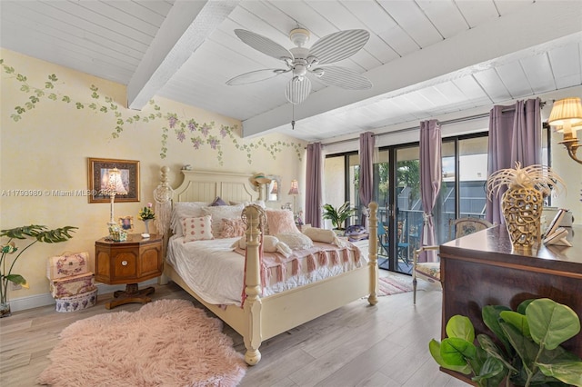 bedroom featuring access to outside, beamed ceiling, wooden ceiling, and wood finished floors
