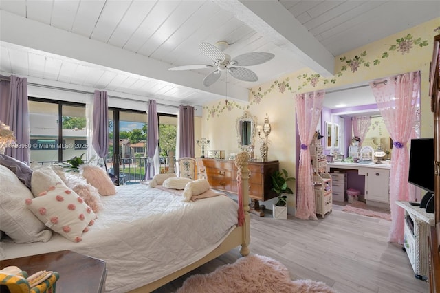 bedroom with a ceiling fan, light wood-type flooring, beam ceiling, wooden ceiling, and access to outside