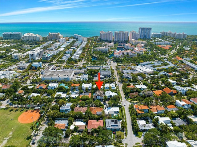aerial view featuring a city view and a water view