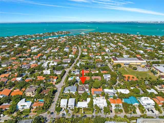 aerial view with a water view and a residential view