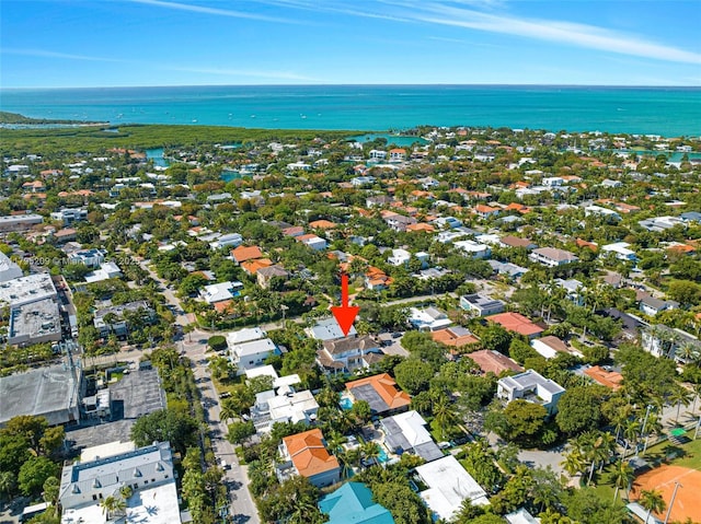 aerial view with a water view and a residential view