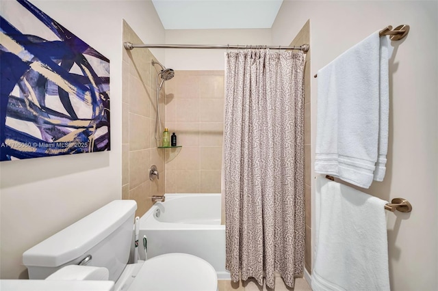 bathroom with shower / bathtub combination with curtain and toilet