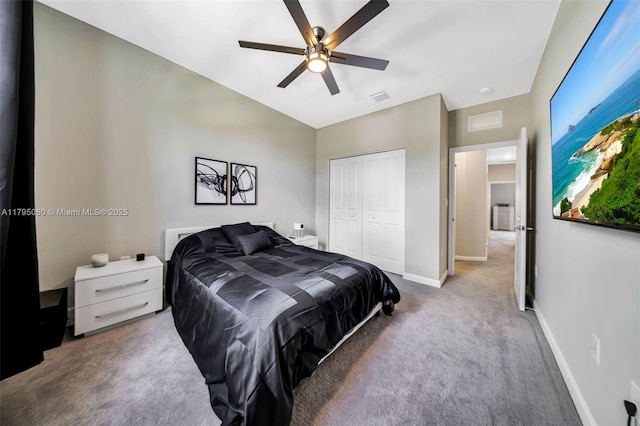 bedroom with ceiling fan, visible vents, carpet floors, baseboards, and a closet