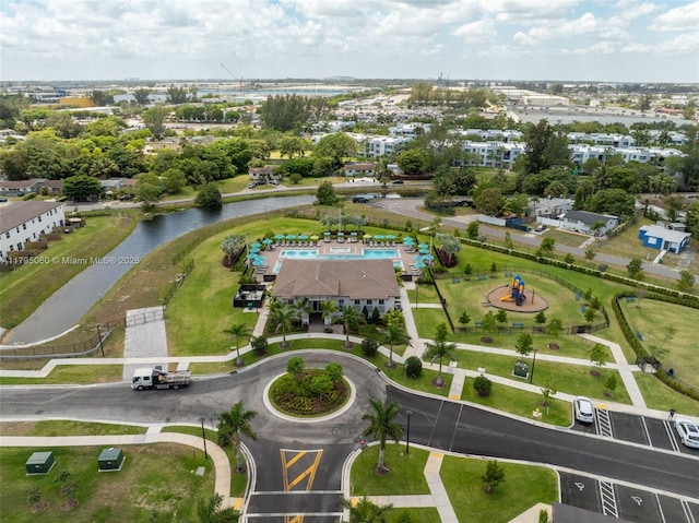 bird's eye view with a water view