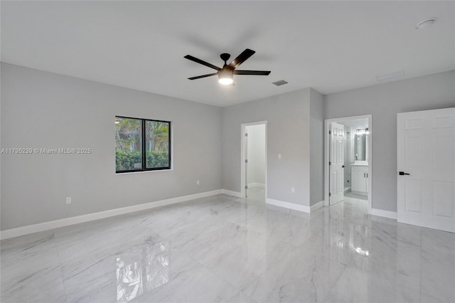 7806 NW 68th Ave, Tamarac, FL 33321 - unfurnished bedroom featuring a ceiling fan, visible vents, baseboards, marble finish floor, and ensuite bath