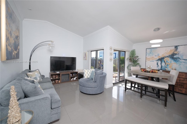living area with light tile patterned floors, crown molding, and vaulted ceiling