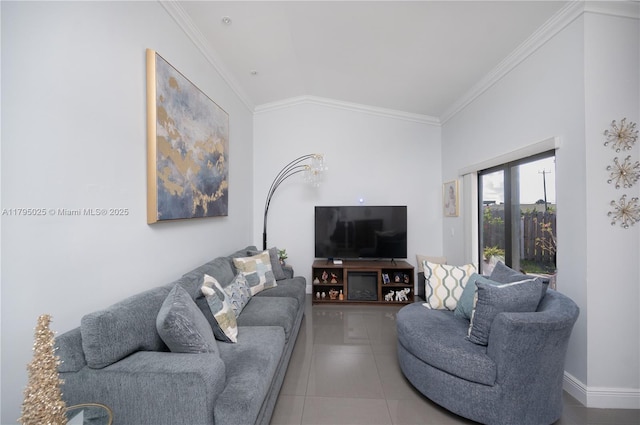 tiled living area with ornamental molding and vaulted ceiling